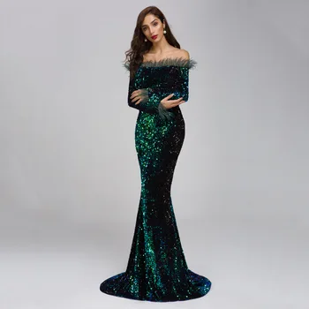 

Cheap Off Shoulder Long Sleeve Sequin Mermaid Prom Dress Evening Gown