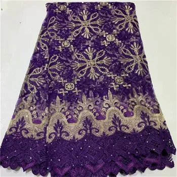 

Purple African Lace Fabric,2019 Embroidered Nigerian Lace Fabric With Stone High Quality French Tulle Lace Fabric For Women
