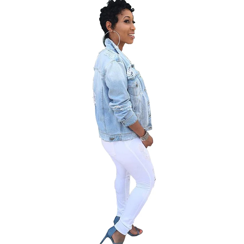 Синяя рваная джинсовая куртка Женская осенне-зимняя рваная негабаритная джинсовая куртка для женщин s Новые джинсовые куртки женские бойфренд стиль 5XL