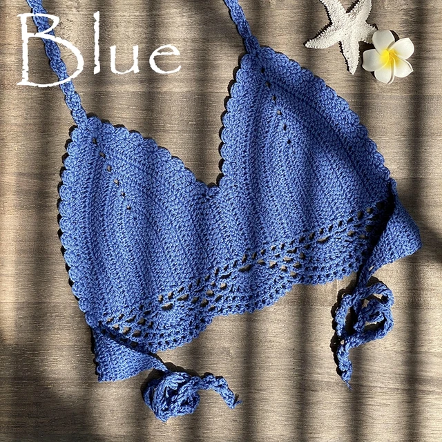 2021 New Bikini Top Handmade Crochet Women Boho Beach Bralette Solid Halter Knitted Swimsuit Brazilian Bikinis Bathing Suit Top Blue
