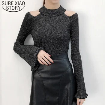 

2019 Turtleneck Sweater Slim Women Sweater Autumn Women Silver Silk Hollow Off Shoulder Flare Sleeve Sweater Pullover 6036 50