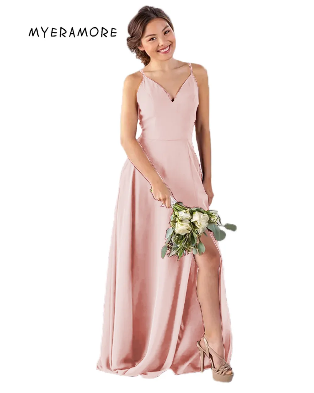 Blush Pink Шифоновое платье для подружки невесты регулируемые ремни v-образный вырез глубокие боковые разрезы кружева свадебное вечернее платье - Цвет: Blush Pink