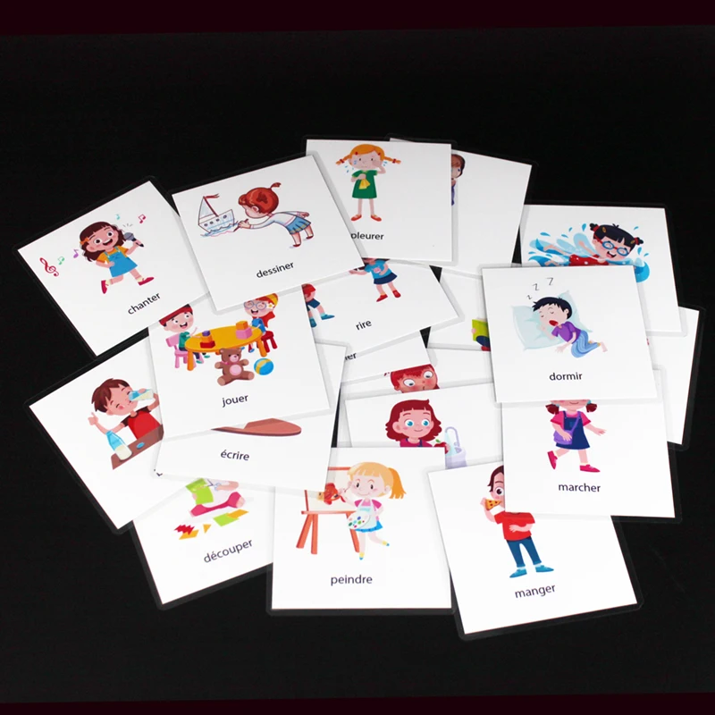 Kids Montessori Baby Learn French Emotion/Action Word Flashcards Cognitive Educational Toys Picture Memorise Gifts for Children 3