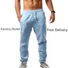 Pantalon en coton et lin pour hommes, couleur unie, taille élastique, ample, Long, respirant, décontracté, Hip-hop, tendance 4