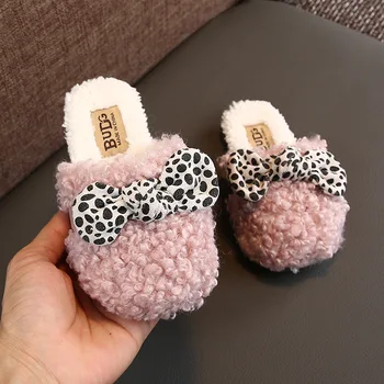 

New Winter Kids Shoes Girls Fluff Loafers Fashion Bow Baby Toddler Plush Casual Shoes Flat Cotton Warm Non-slip Children Slipper