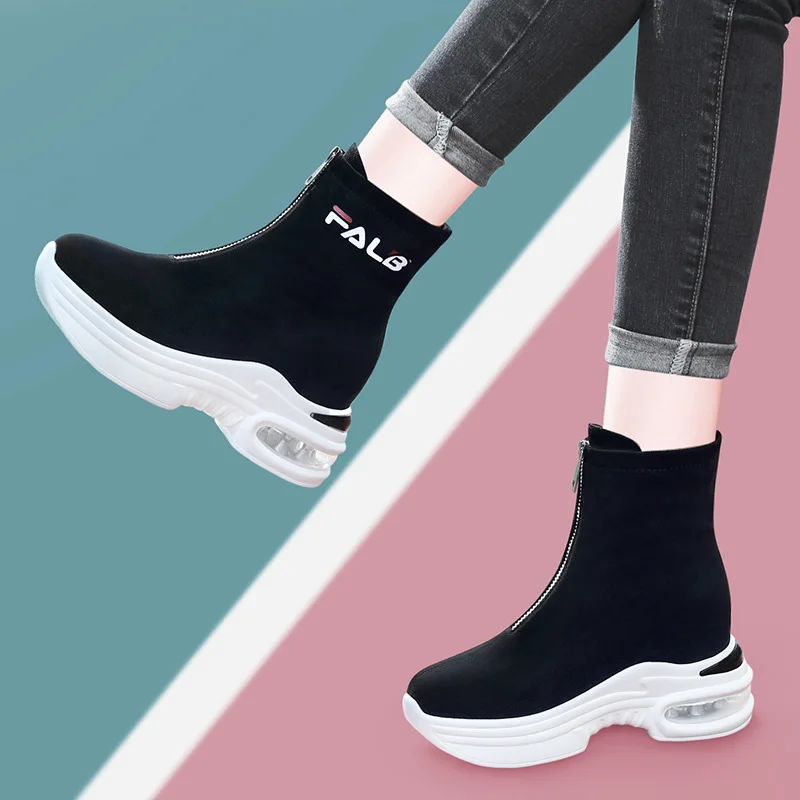 

Front Zipper Thin Short Boots Women's 2019 Autumn And Winter New Style Elevator Boots WOMEN'S Shoes INS Socks Boots plus Velvet