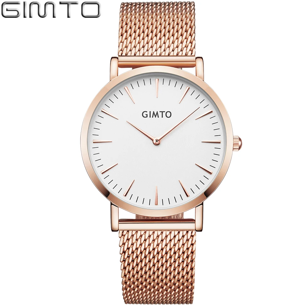 GIMTO Для женщин розового золота раскошный ремешок для часов брендовые Кварцевые женские парные наручные часы Водонепроницаемый Мужские Женские часы Relogio Feminino - Цвет: 224-Rose White