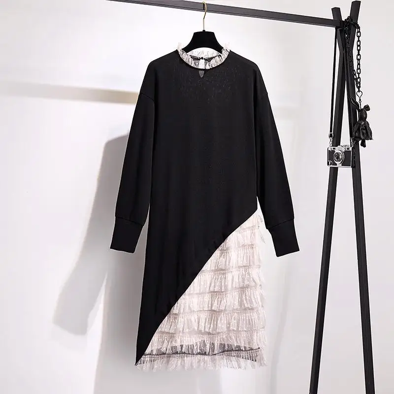 Осеннее женское платье размера плюс,, с длинным рукавом, в стиле пэчворк, многослойное, в сетку, свободное, женское, больше размера, повседневные платья, 5XL - Цвет: Black