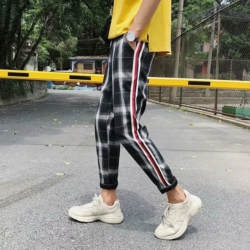 

Spring Summer New Style Men Korean-style Straight-Cut Loose Casual Pants Plaid Stitching Stripes Harajuku Fashion Trousers