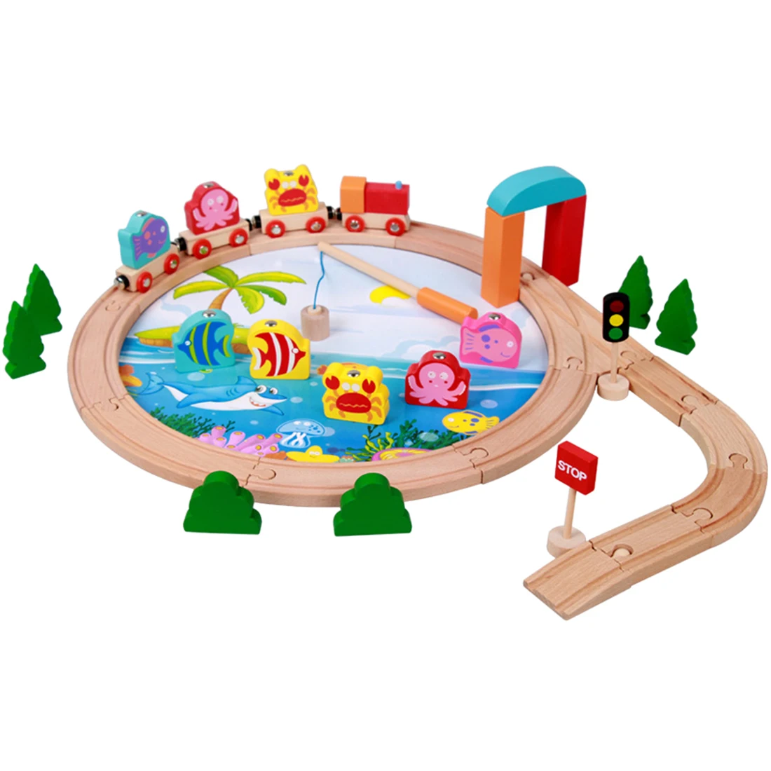 

40Pc Children 3D Fishing Wooden Train Set Assembled Wood Toy Game Educational Outdoor Toy Parent-Child Exchange Interactive Toys