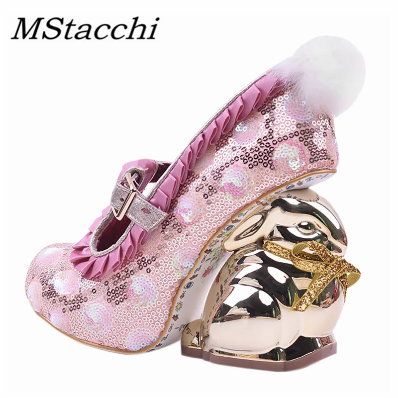MStacchi Summer Women's Rabbit Heel Shoes Pleated Buckle Animals Zodiac