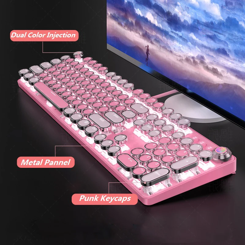2 in 1 Girly Kawaii Pink Combos 104 Keys Mechanical Gaming Keyboard with  White Lighting Wired USB 3200DPI Mice RGB Light