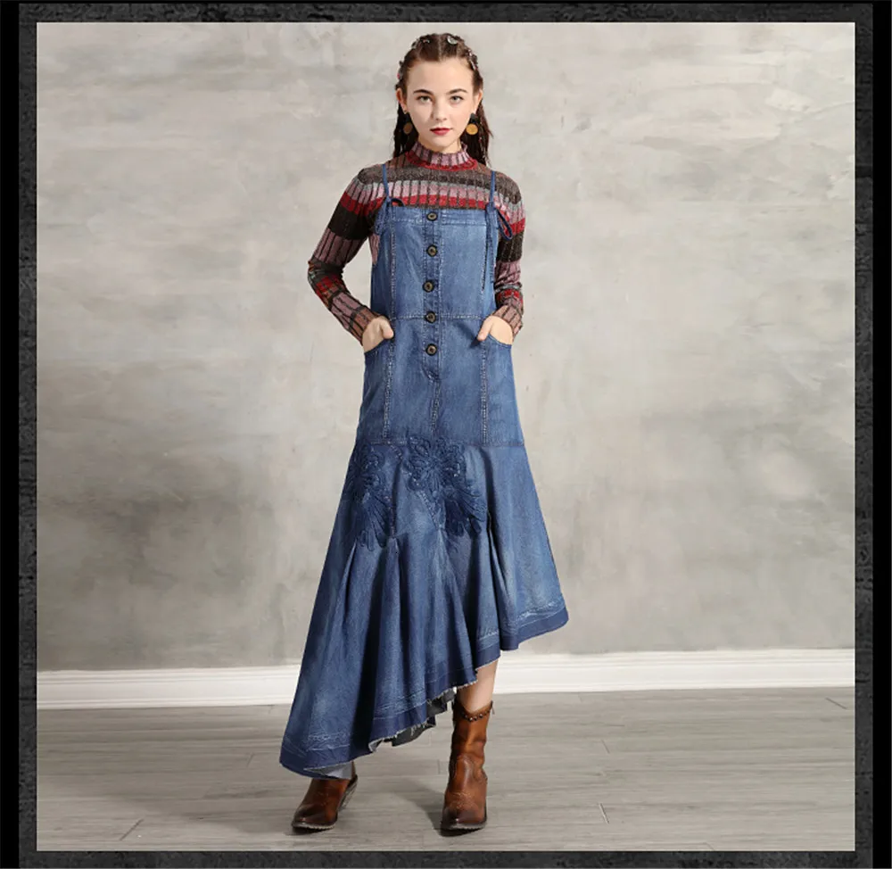 Vintage Denim Women's Dress 2019 Embroidery Braces Dresses Asymmetrical Long Women Strap Dress Vestidos A82193 Draped Dress (10)