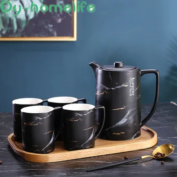 

European Wooden Tray Black and White Marble Ceramic Coffee Tea Set Restaurant Household Teapot Tea Cup Coffee Set Water Set
