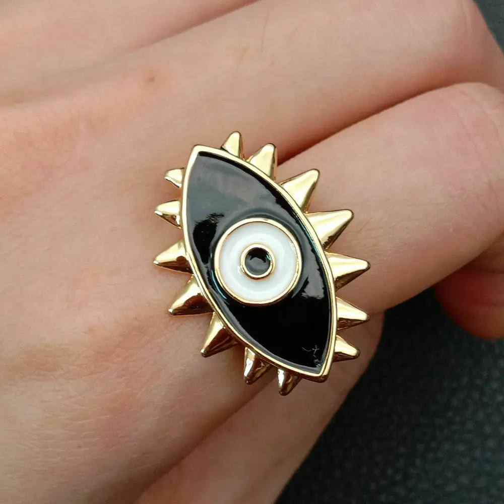 Эмаль, капля Золотое заполненное разноцветное туркис сглаза кольцо с изменяющимся размером для подарка девочки - Цвет основного камня: black