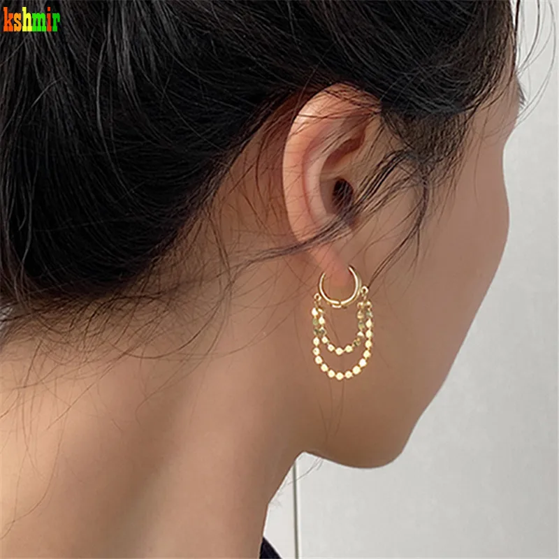 kshmir women unique earclip earrings with metal sequins tassel chain type earrings female wafer stud earrings earrings women