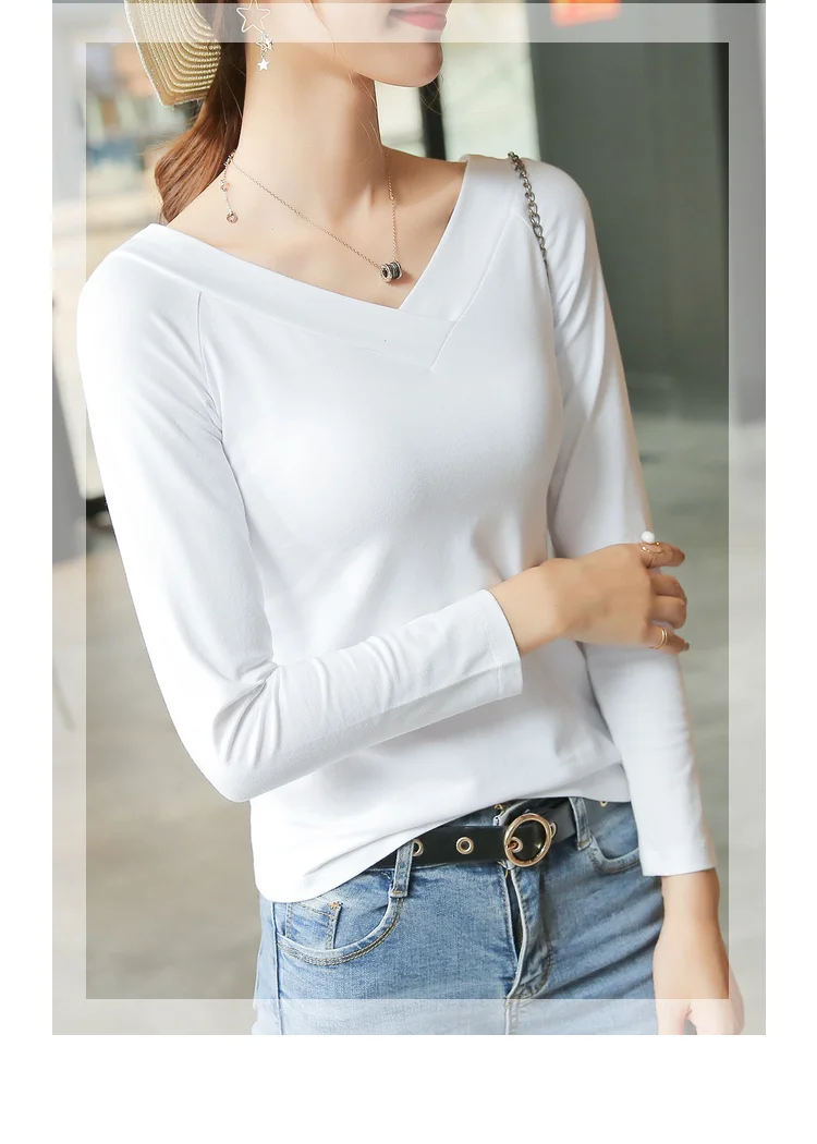 Vetement Femme, футболки, хлопок, Женская Корейская одежда, Сексуальная футболка с глубоким v-образным вырезом, длинный рукав, Повседневная футболка, женские топы