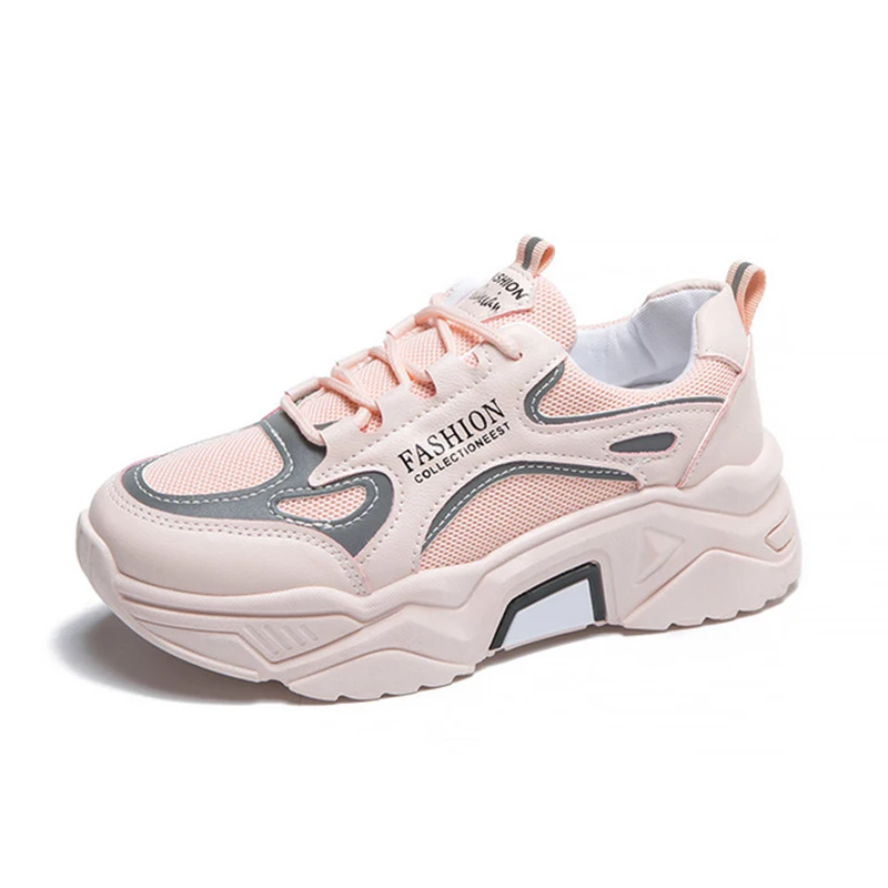 

Fashion Women's Sports Shoes 2020 Color Matching Female Mesh Running Shoes Breathable Reflective Pink Thick Flat Sneakers Woman
