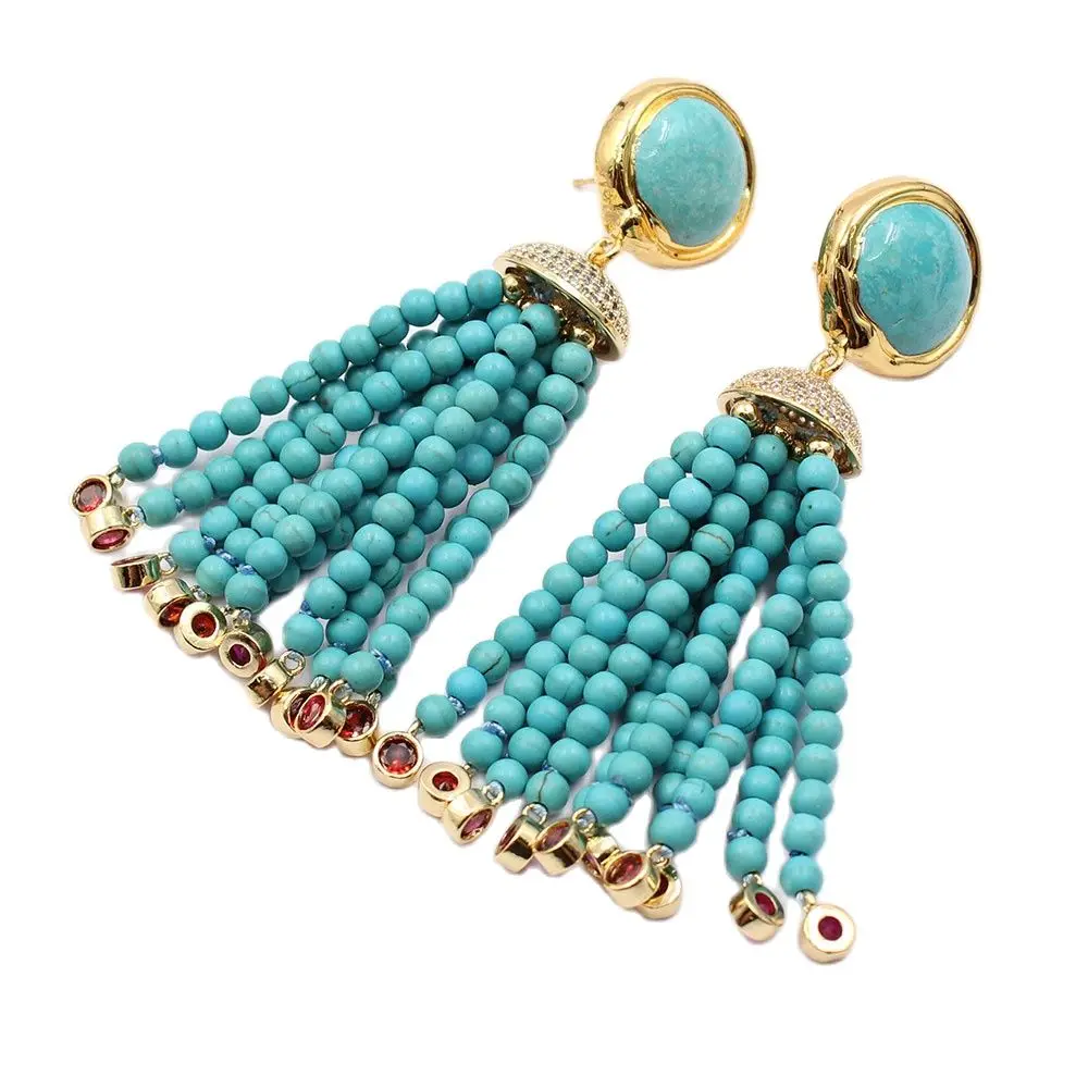

GG Jewelry Blue Round Turquoises Red Crystal CZ Paved Gold Plated Turquoise Stud Earrings CZ Fitting For Women Gifts