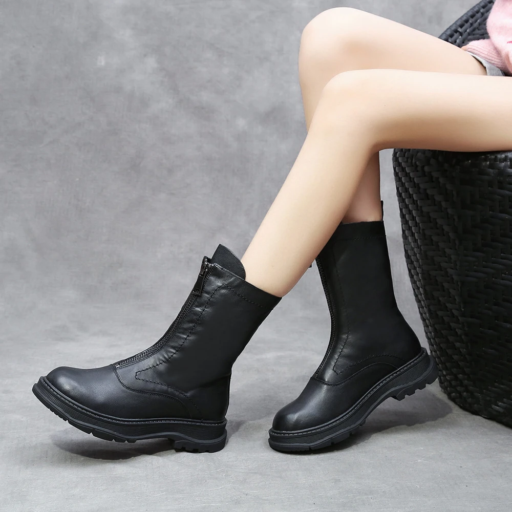 

black platform winter boots women booties genuine leather botines mujer short plush 2020 tacon bajo square heel chaussures TSDFC