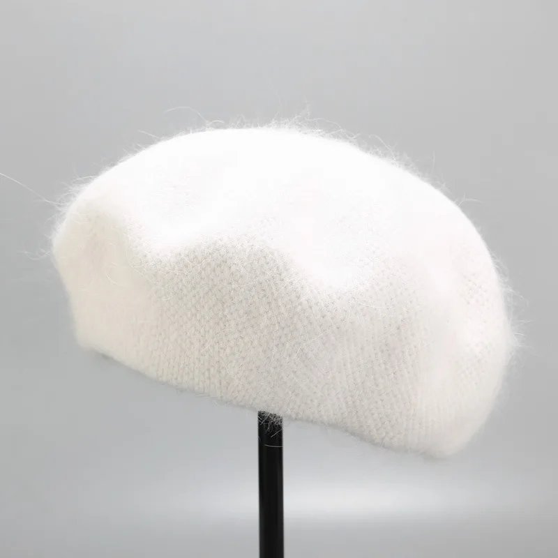 OMEA, шапка из ангорской кроличьей шерсти, зимние вязаные женские береты, шапка, одноцветные французские шапки-береты, шапки для женщин, теплая шапка, берет - Цвет: White