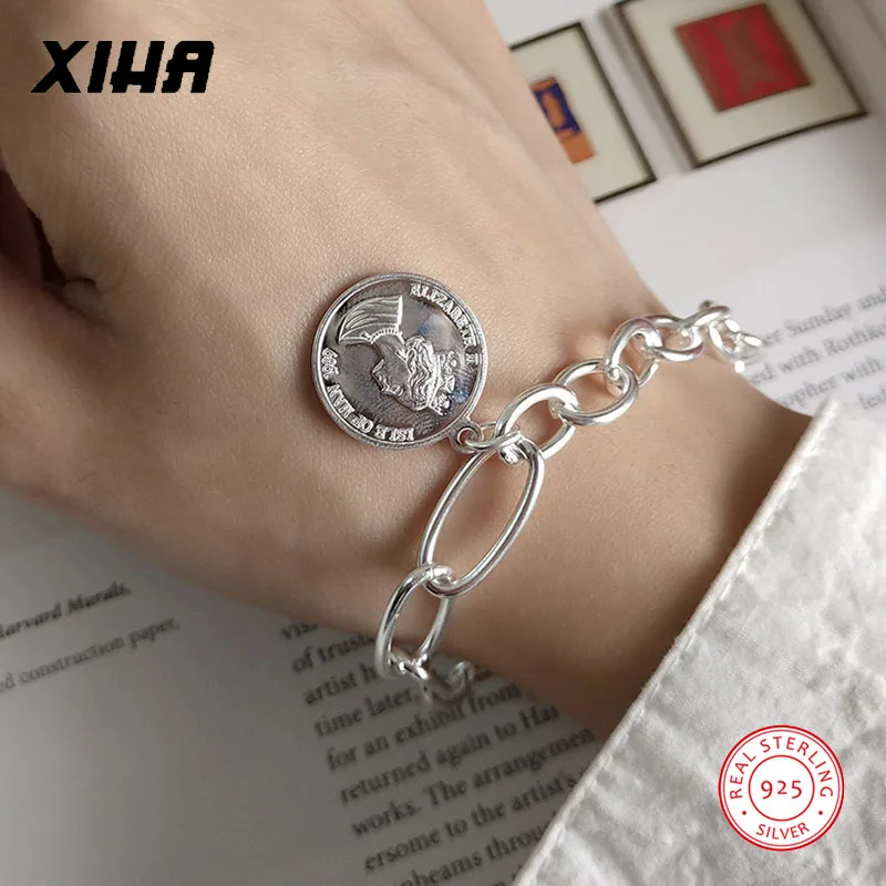 Queen Elizabeth, браслет для монет, для женщин, 925 пробы, серебряный, готический, роскошный, ручной работы, персонализированный, диск, звено, цепочка, браслет с шармом