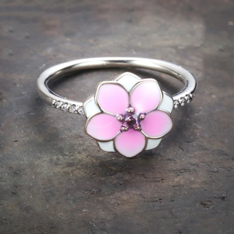 925 Silver Romantic Peach Flower Enamel &amp Pink CZ Finger Rings for Women wedding Cherry blossoms Valentine's Day Couple Ring |