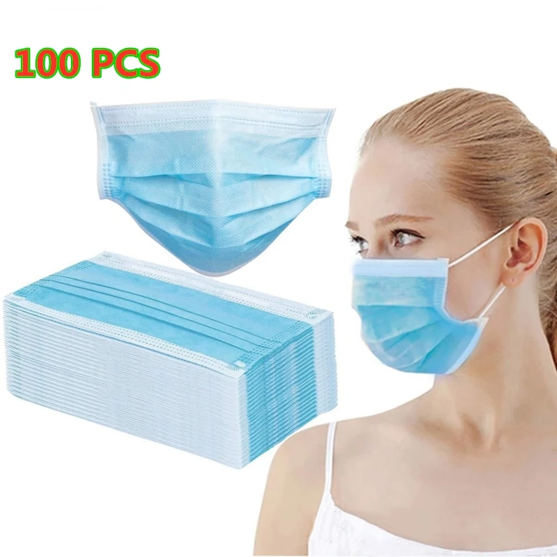 

Fast delivery Hot Sale 3-layer mask 100pcs Face Mouth Masks Non Woven Disposable Anti-Dust Meltblown cloth Masks Earloops Masks