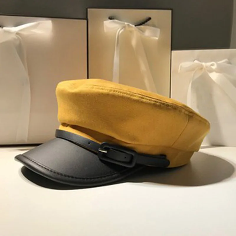 

Women Black Military Hats Berets Autumn Winter England Fashion Pu Leather Patchwork Harajuku Newsboy Caps With Belt Female