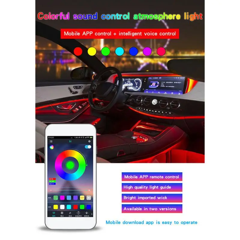 Автомобильные RGB волоконно-оптические атмосферные лампы, автомобильный интерьерный светильник, декоративная приборная панель, пульт дистанционного управления или управление через приложение