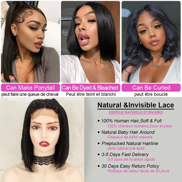4x4 Lace Closure Short Bob Wig Human Hair Wigs Blunt Cut Bob Human Hair Wig Pre-Plucke Brazilian Straight Wig For Black Women 3