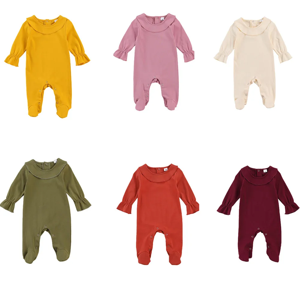 

2020 Autumn New Unisex Baby Boys Girl Footed Romper Cute Doll Collar Long Sleeve Solid Color One-Piece Jumpsuit Casual Clothing