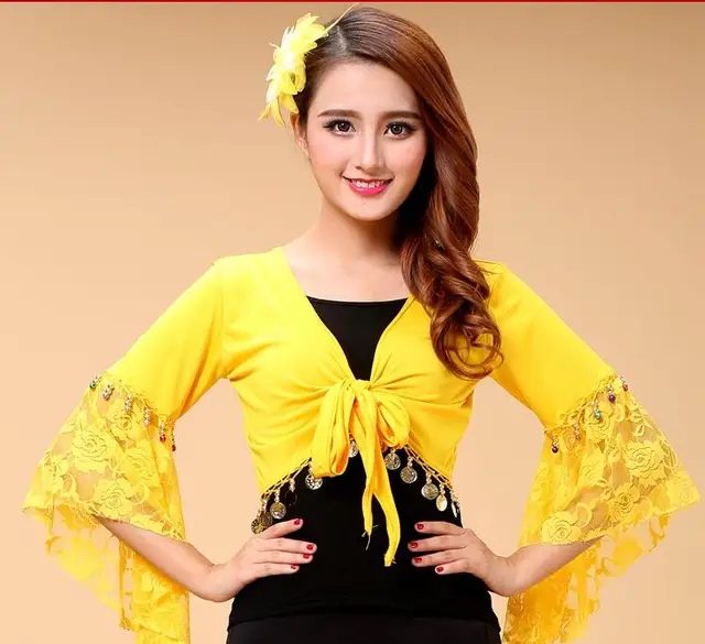 belly dance top women deep v-neck flare sleeve top girls belly dance sexy lace top yellow