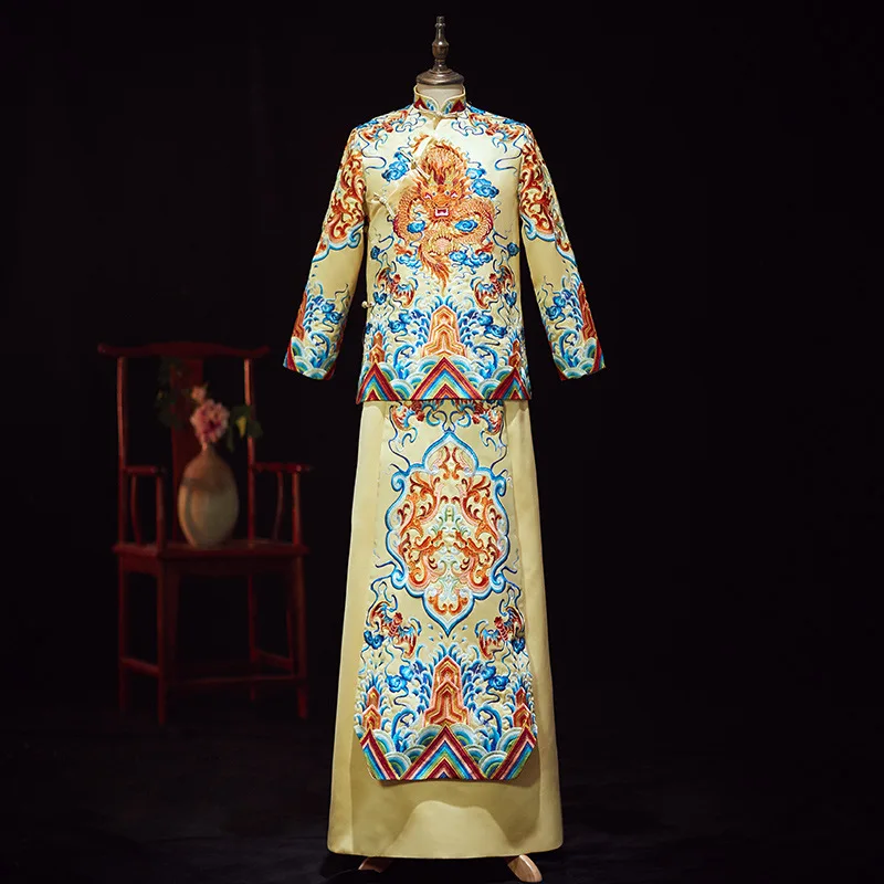 Champagne men dress Старинная королевская свадебная одежда, винтажный женский и мужской костюм с вышивкой Cheongsam, традиционный китайский свадебный костюм жениха и невесты - Цвет: Champagne men dress
