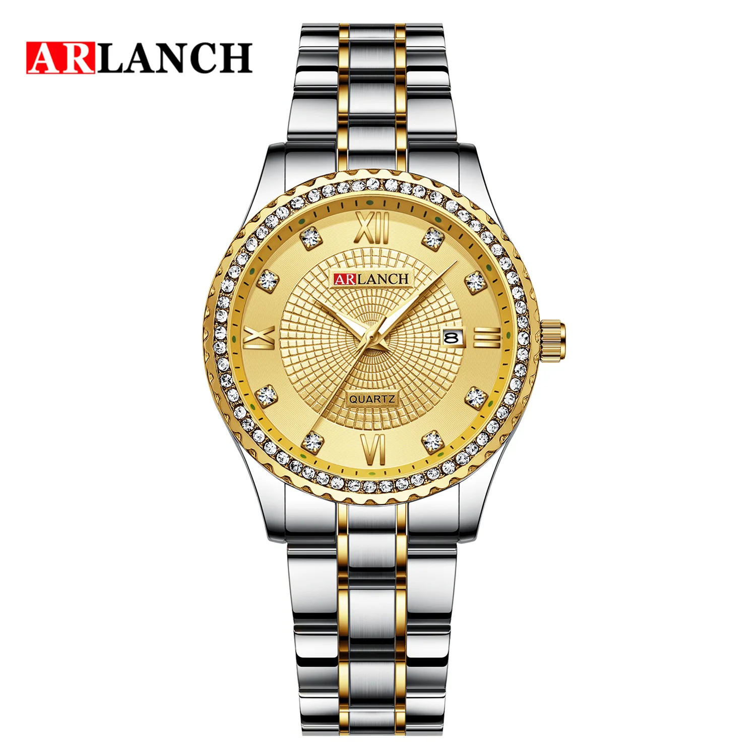 ARLANCH New Style Romantic Diamond Luxury Women's Wristwatches Week Calendar Stainless Steel Waterproof Students Quartz Watches - Цвет: Silver-Gold
