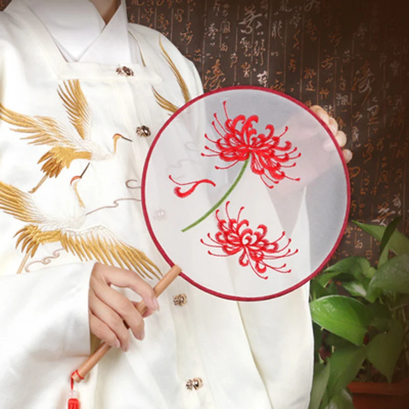 Circular Embroidery Round Fan, Antique Style, Hanfu Cheongsam, Ancient Costume, Female Dance Fan with Classical Long Handle