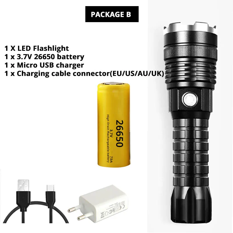 Package B Тактический светодиодный фонарик мощный XHP50 светодиодный фонарик с бусинами 4 режима освещения водонепроницаемый портативный фонарь для ночного отдыха на открытом воздухе - Испускаемый цвет: Package B