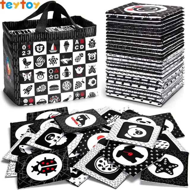 TEYTOY Black and White Soft Flash Cards, 26 Patterns Babies Visual Puzzle Early Educational Toys, Washable Fabric Baby Toys 1