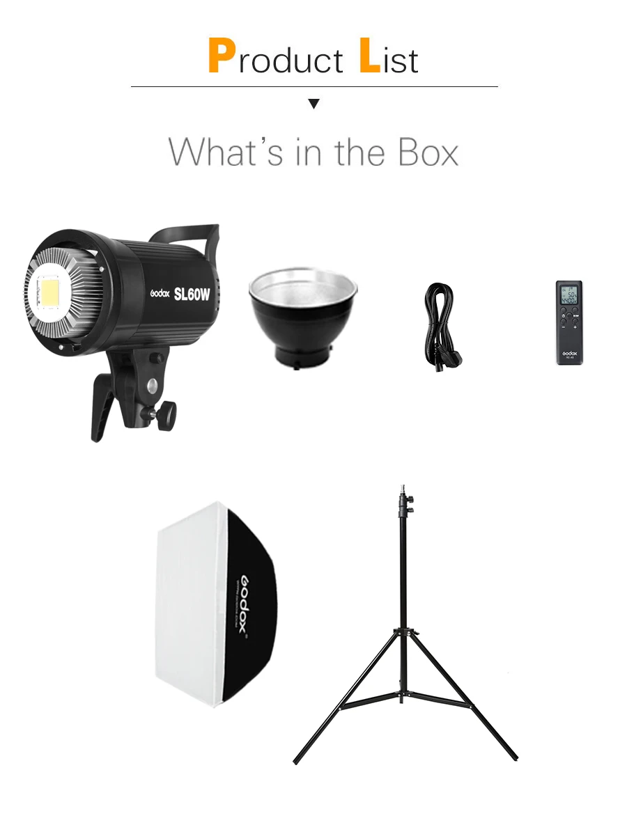 Godox SL-60W 5600K светодиодный видео светильник белая версия видео светильник комплект непрерывный светильник+ 60x90 см Bowens софтбокс+ 190 см светильник стенд