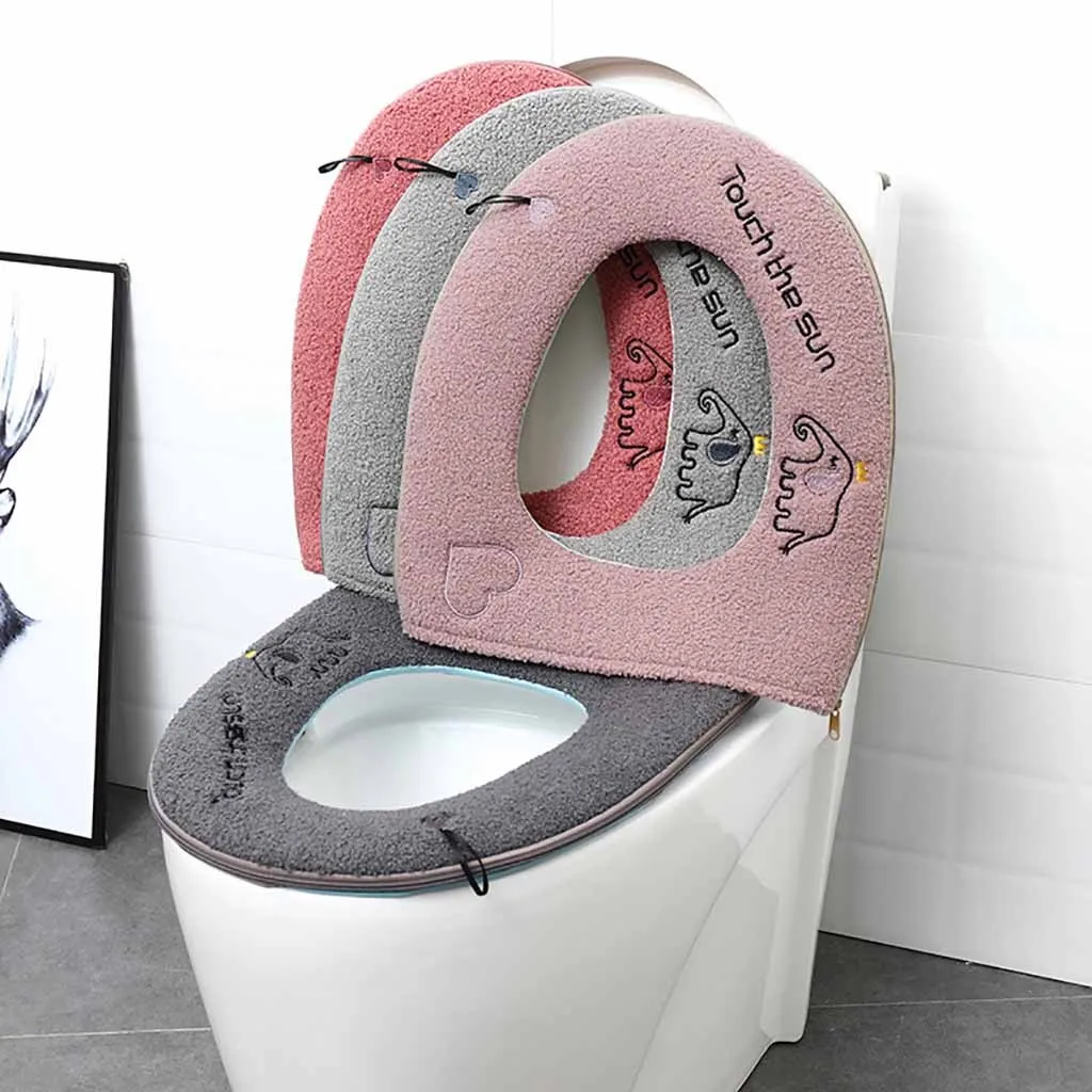 Home Bathroom Winter Plush Soft Toilet Seat Pad Cover Cute Elephant Pattern Printing Warm Toilet Seat Zipper With Handle