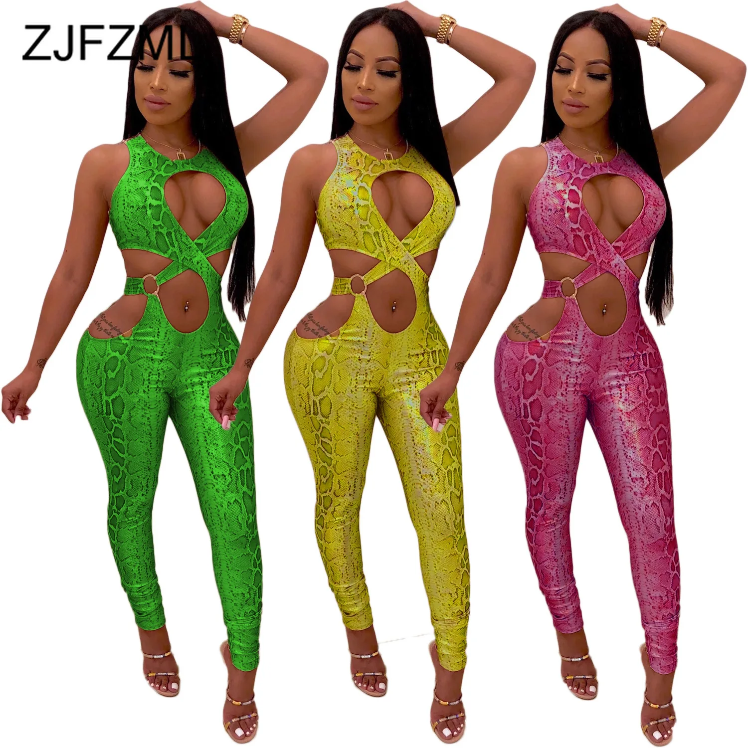 

Serpentine Print Sexy Bandage Jumpsuit For Women Waist Band Cut Out Sleeveless Skinny Romper Summer Lace Up Party Club Bodysuit
