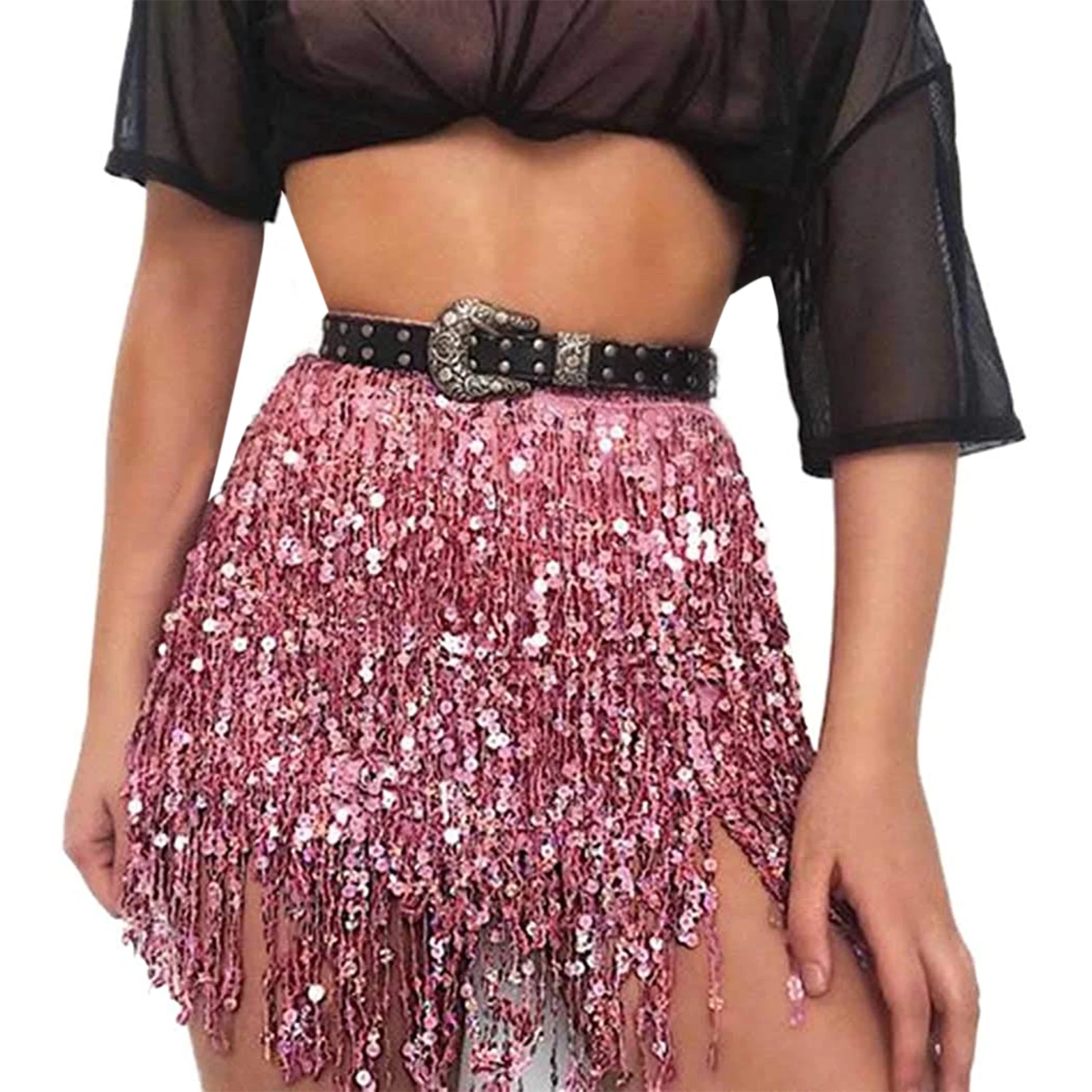 Kakaco Belly Dance Hip Skirt Sequin Fringe Skirts Tassel Wrap Scarf Party Rave Outfit for Women and Girls 