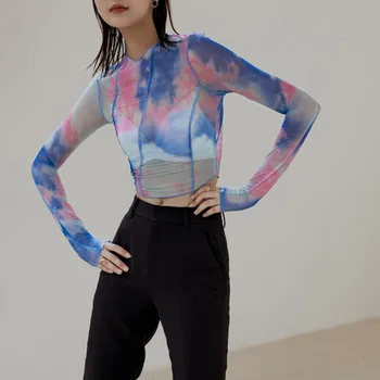 

LANMREM tide dyed blouse 2020 autumn fashion street wear short women's long sleeve slimming mesh o-neck lightweight tops 2A704