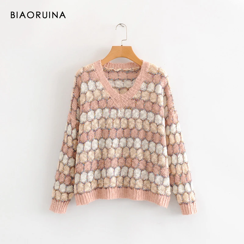 

BIAORUINA Women's Argyle Sequines Tassels Hallow Out Patchwork Hit Color Knitted Sweater Female Oversized V-neck Sweet Pullover