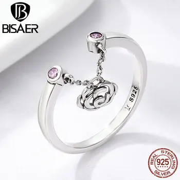 

BISAER 925 Sterling Silver Rose Flower Tassel Dangle Finger Rings for Women Anel Fashion Wedding Engagement Jewelry S925 GXR148