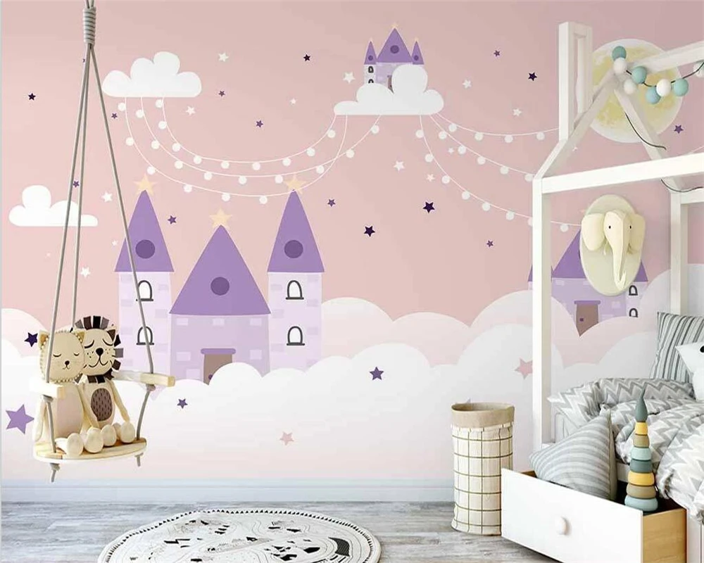 

beibehang papel de pared Custom modern nordic hand-painted pink clouds cartoon castle children's room background wallpaper