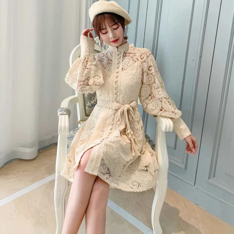 

2020 Early Autumn New Style Beige ZIM Hollow out Lantern Long Sleeve Braided Belt Lace Stand Collar Short Dress