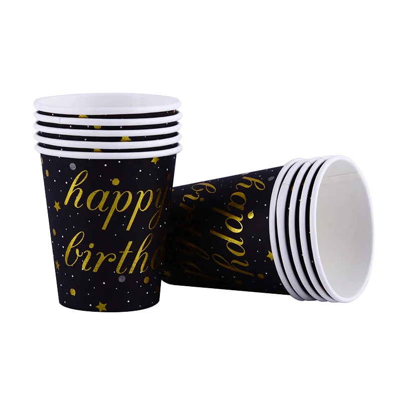 10pcs 350ml Black Gold Metal color style Singleism birthday party decorations adult kids supplies paper disposable tableware cup