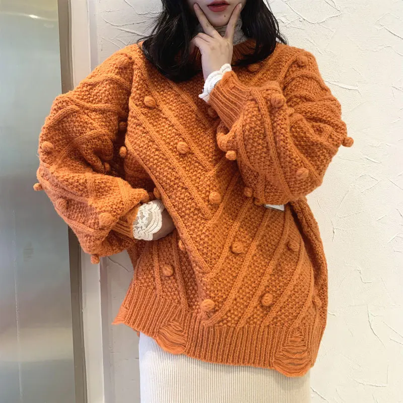 Женский шерстяной свитер с объемными шариками трикотажные пуловеры в горошек