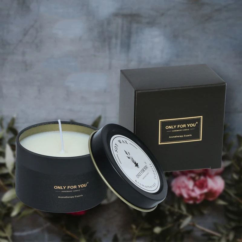 

Travel tins for candles black silver tinplate scented candles wedding souvenir with gift box aroma candles in glass for home